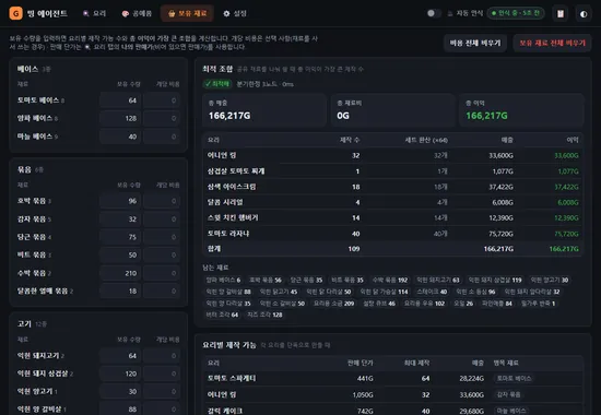 보유 재료 탭: 재료별 보유 수량 입력과 최적 조합 결과(총 매출, 총 이익, 요리별 제작 수)